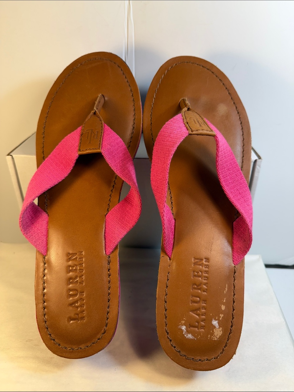 Ralph Lauren Hot Pink Strap Brown Leather Sandals